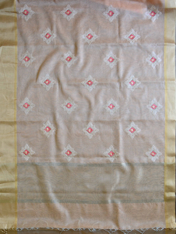 Banarasee Cotton Silk Saree With Embroidered Buta & Zari Border-Peach