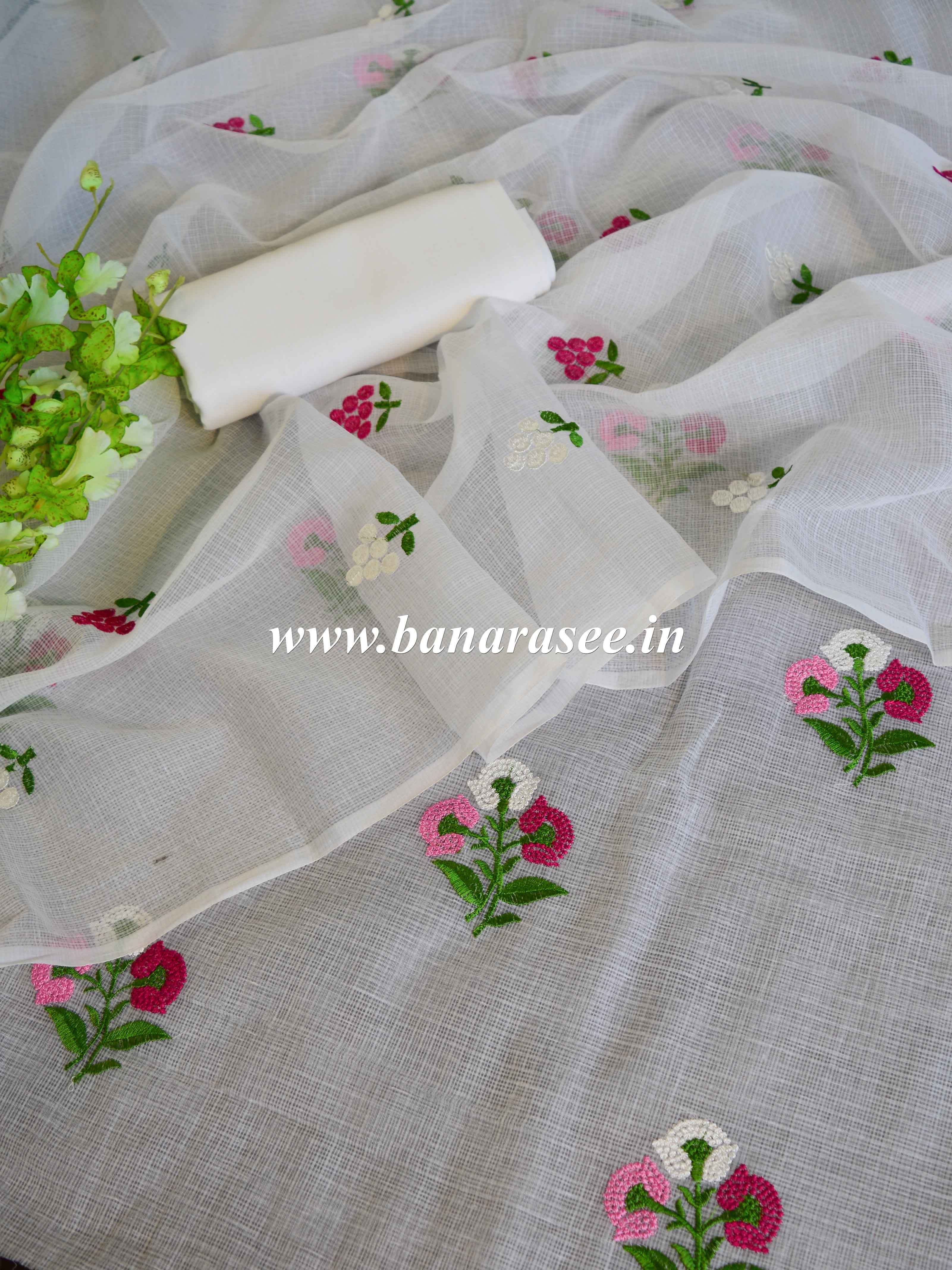 Banarasee Kota Doria Hand-Embroidered Salwar Kameez Dupatta Set-White
