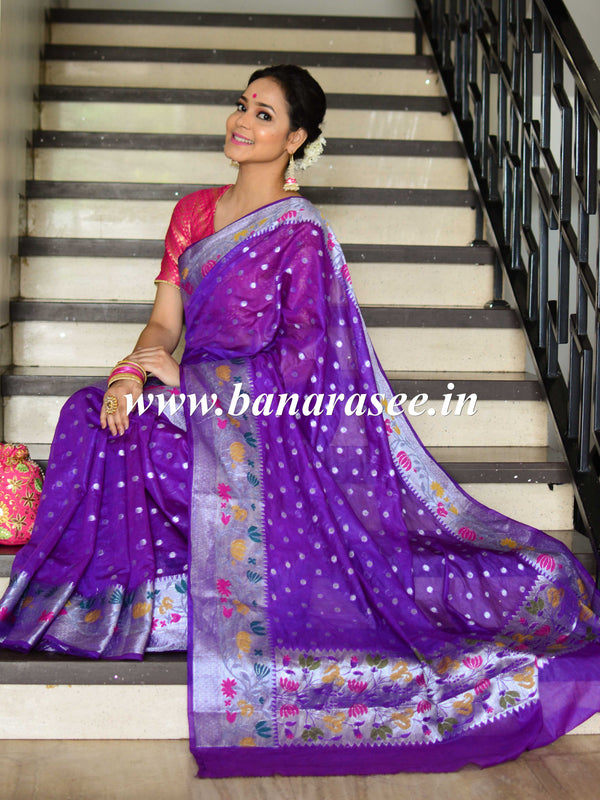 Banarasee Semi-Chiffon Saree With Silver Buti Design & Floral Meena Border-Violet