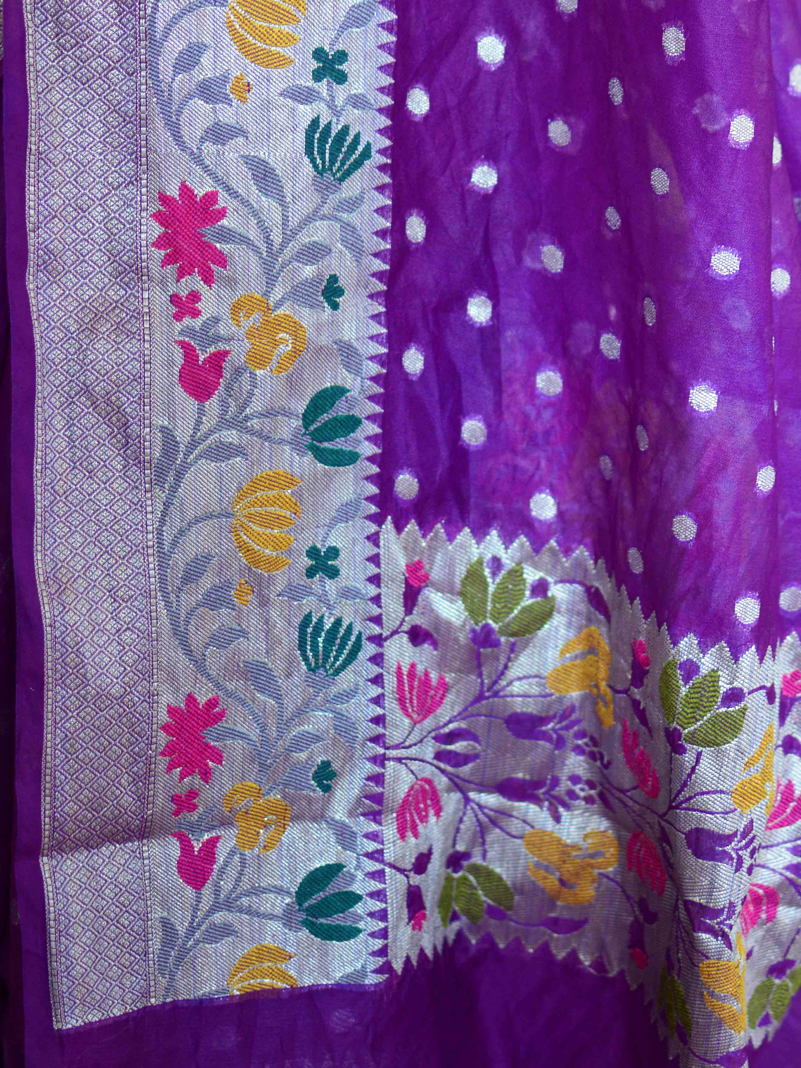 Banarasee Semi-Chiffon Saree With Silver Buti Design & Floral Meena Border-Violet