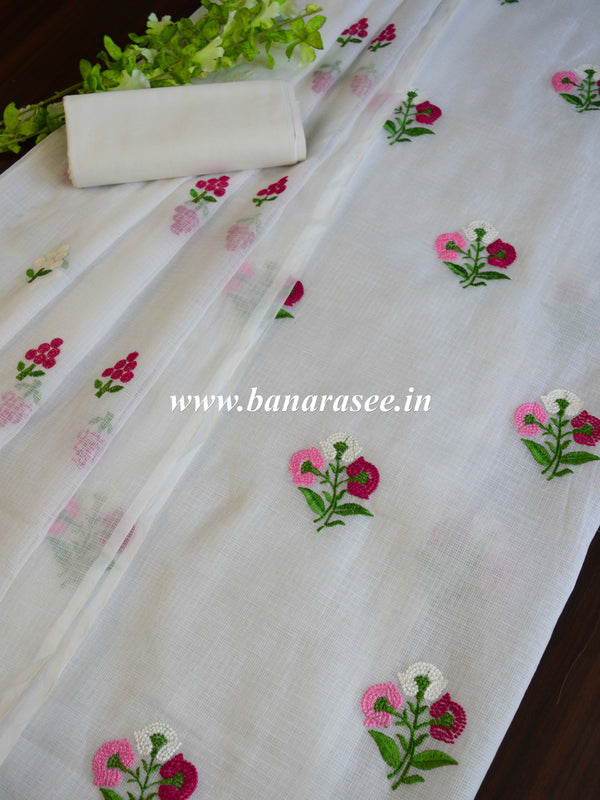 Banarasee Kota Doria Hand-Embroidered Salwar Kameez Dupatta Set-White