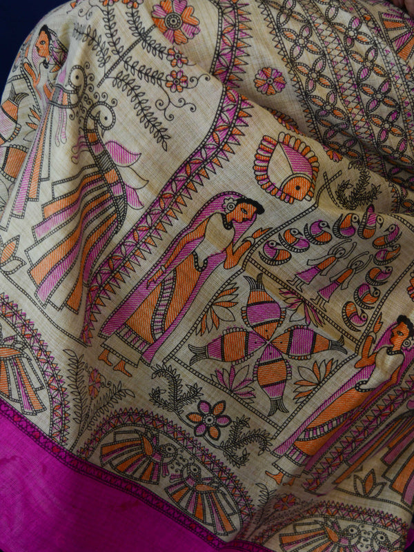 Pure Handloom Khadi Cotton Madhubani Print Salwar Kameez Dupatta Set-Beige
