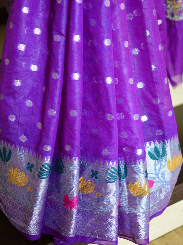 Banarasee Semi-Chiffon Saree With Silver Buti Design & Floral Meena Border-Violet