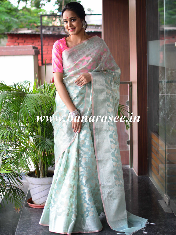 Banarasee Organza Mix Saree With Silver Zari-Blue