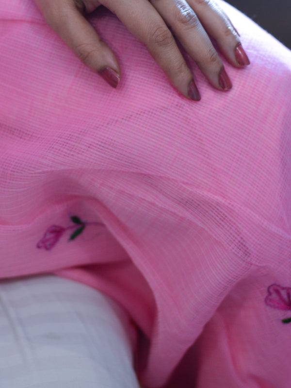 Banarasee Kota Doria Hand-Embroidered Salwar Kameez Dupatta Set-Pink