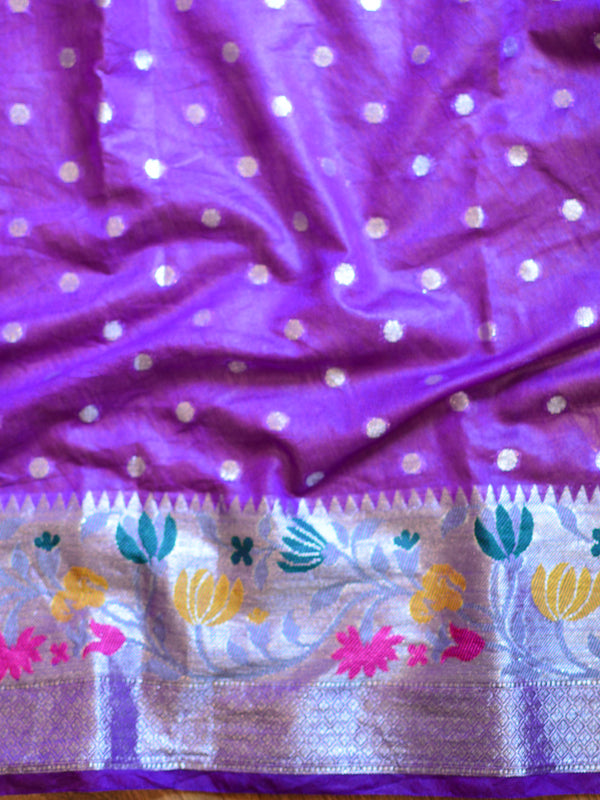 Banarasee Semi-Chiffon Saree With Silver Buti Design & Floral Meena Border-Violet