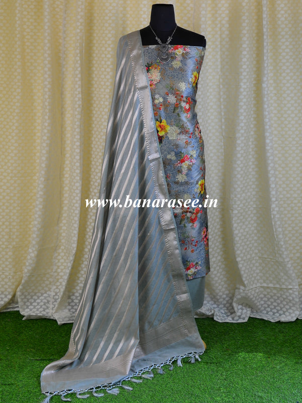 Banarasee Handloom Chanderi Cotton Salwar Kameez With Digital Print-Grey