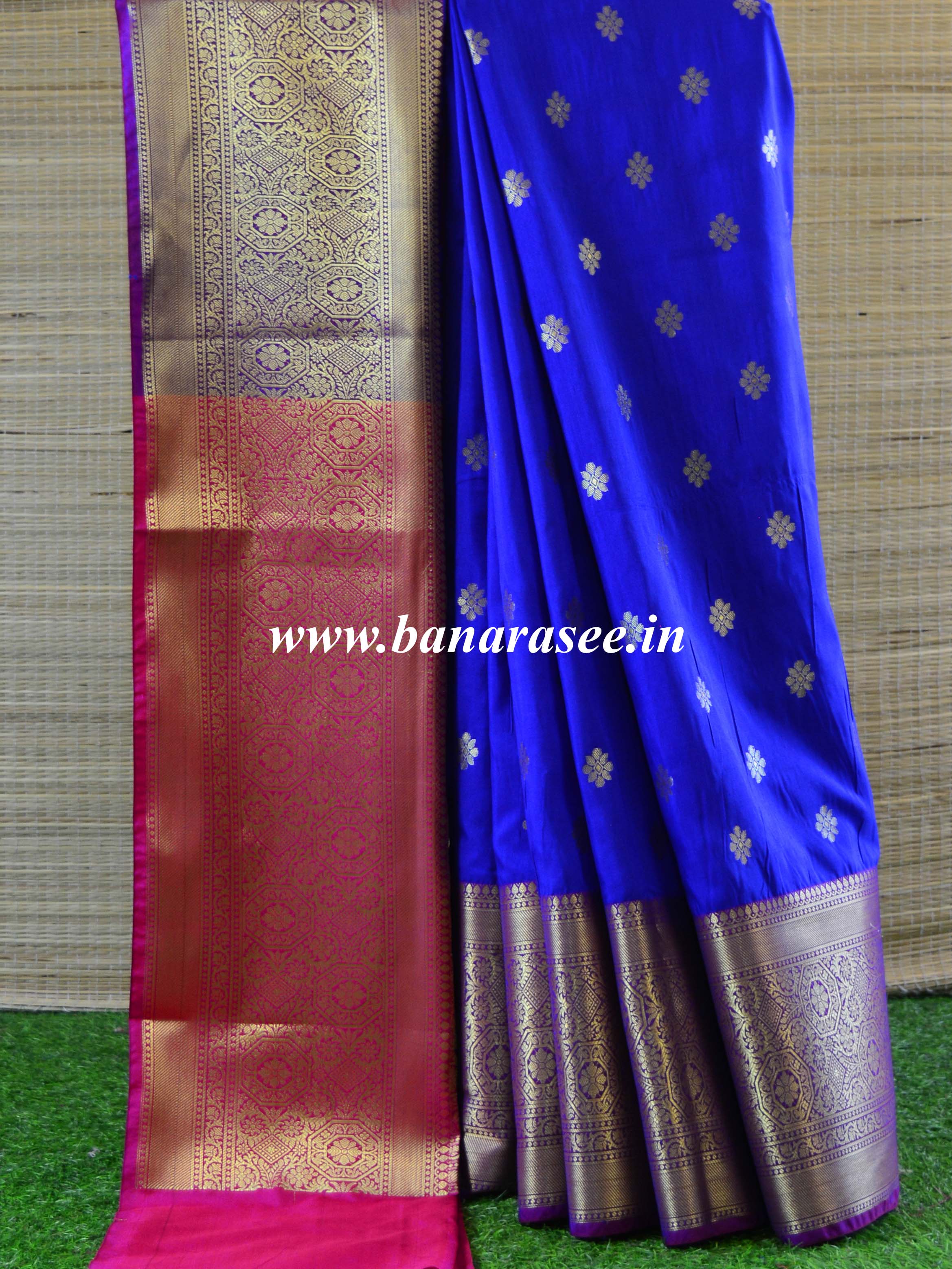 Banarasee Handwoven Semi Silk Saree With Zari Buta Design & Floral Border-Royal Blue