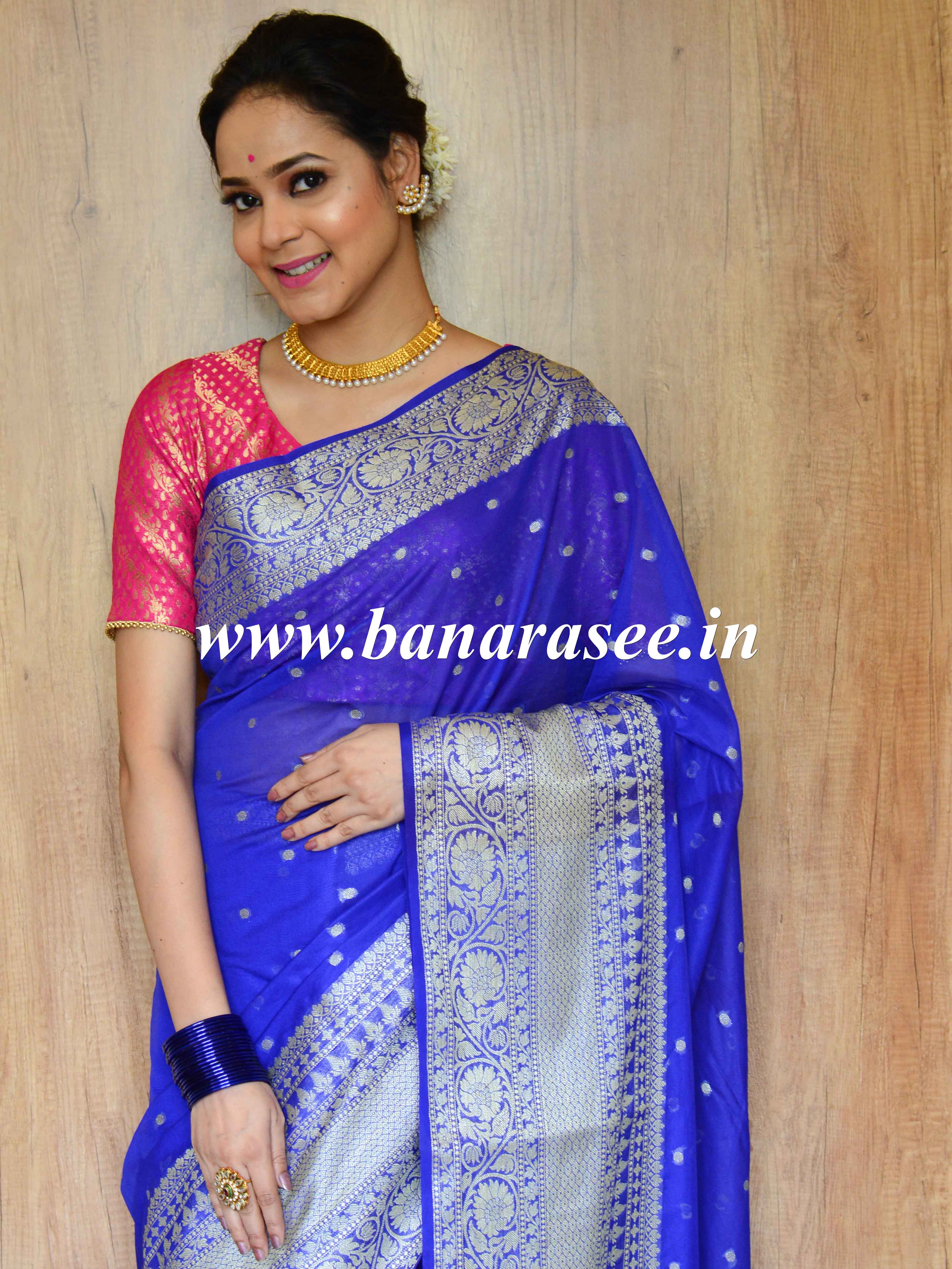 Banarasee Handwoven Semi-Chiffon Saree With Buti Design & Broad Floral Border-Blue