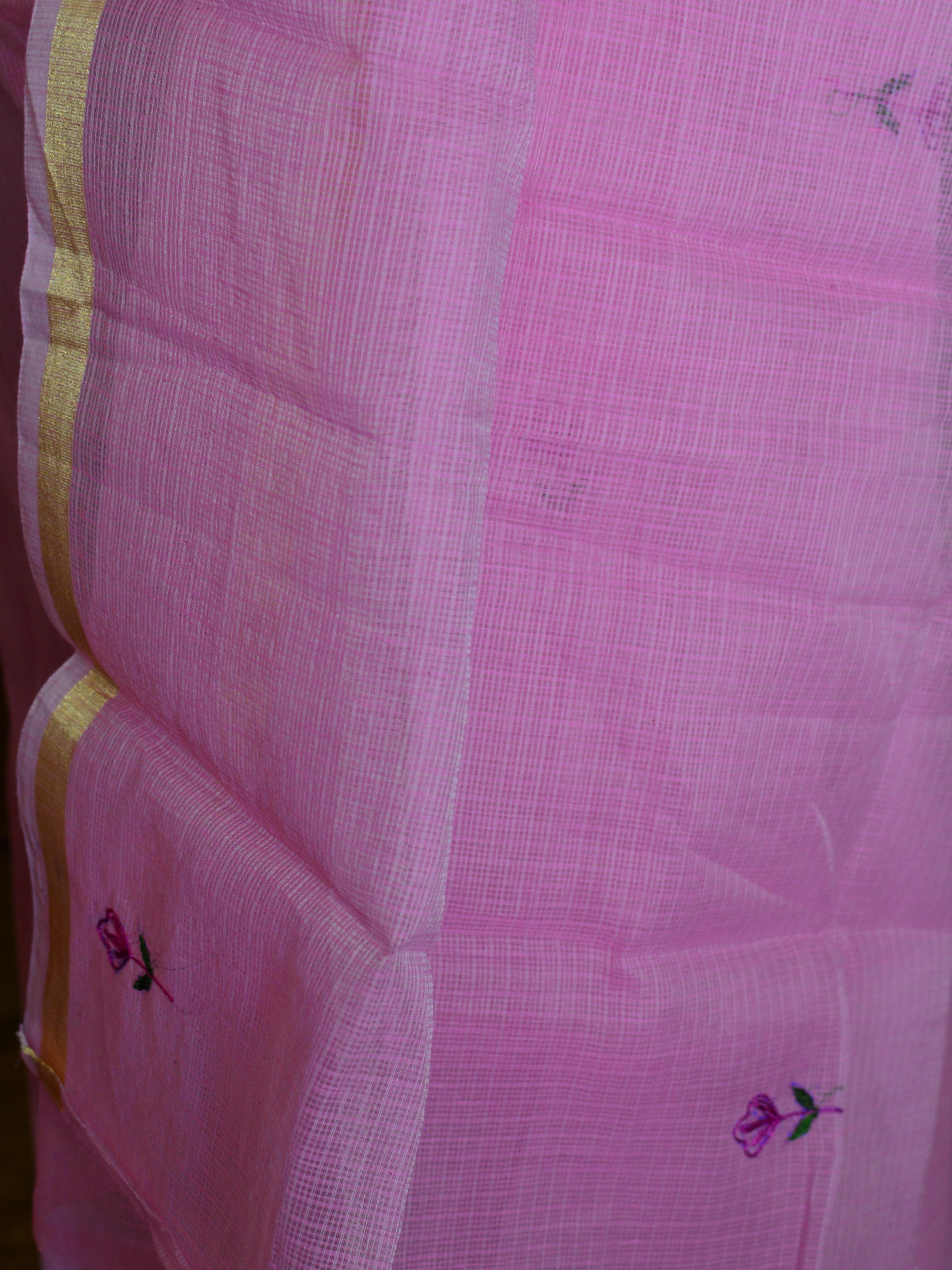 Banarasee Kota Doria Hand-Embroidered Salwar Kameez Dupatta Set-Pink