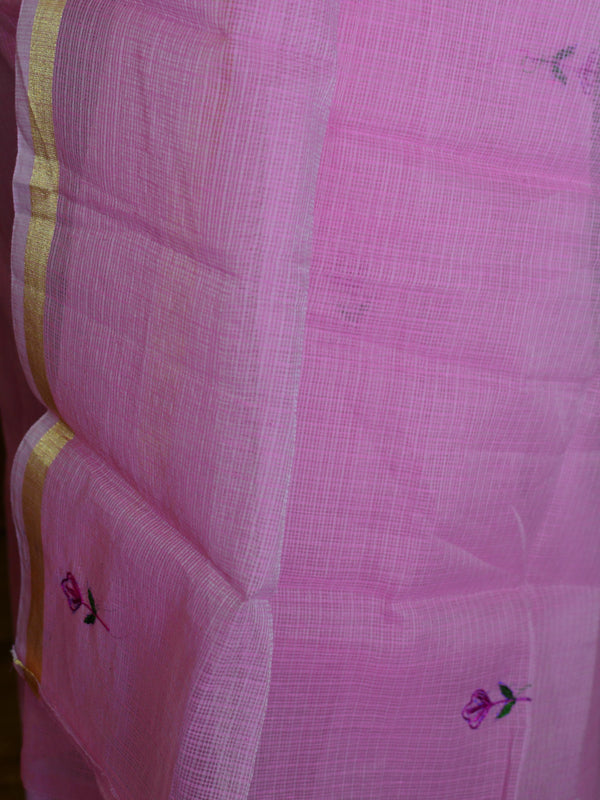 Banarasee Kota Doria Hand-Embroidered Salwar Kameez Dupatta Set-Pink
