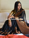 Banarasee Handwoven Pure Silk Cotton Saree With Antique Zari Buti & Border-Black