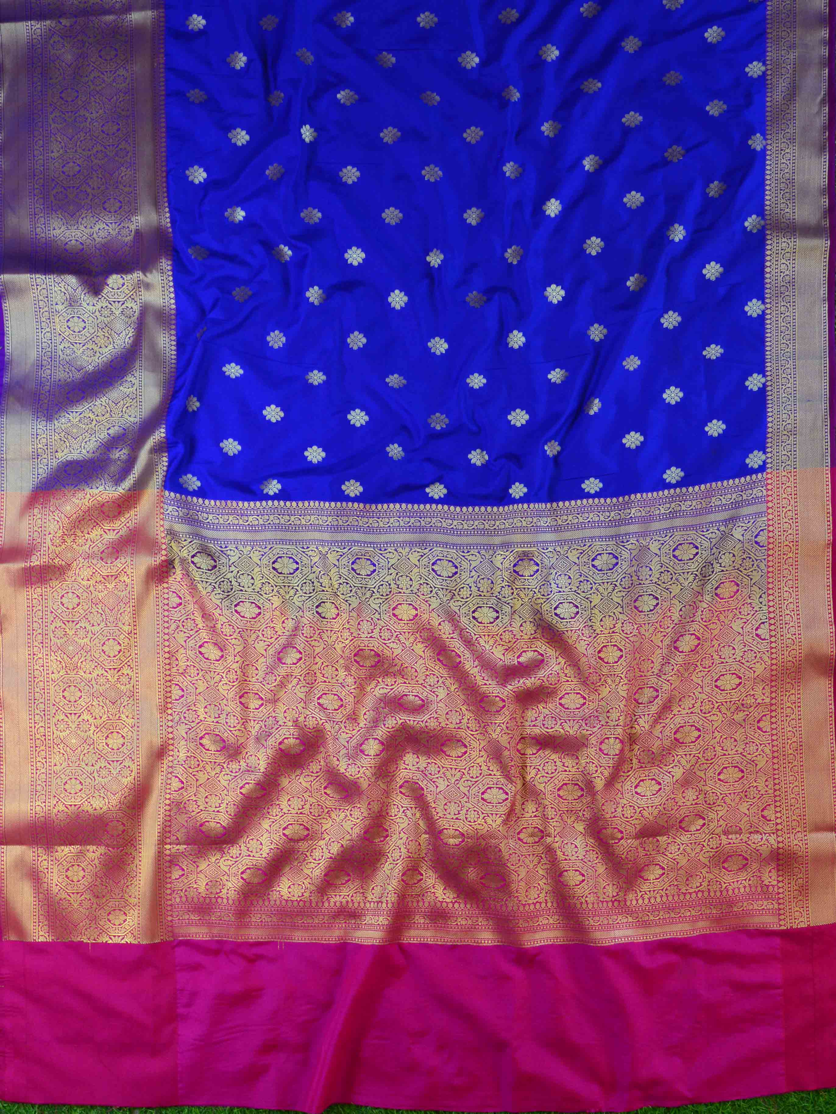 Banarasee Handwoven Semi Silk Saree With Zari Buta Design & Floral Border-Royal Blue
