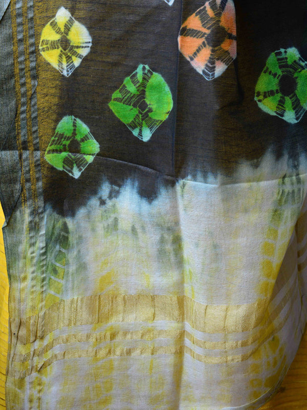 Bhagalpuri Silk Cotton Suit Set With Ghichha Jaal Kameez & Shibori Dupatta-Black & Yellow