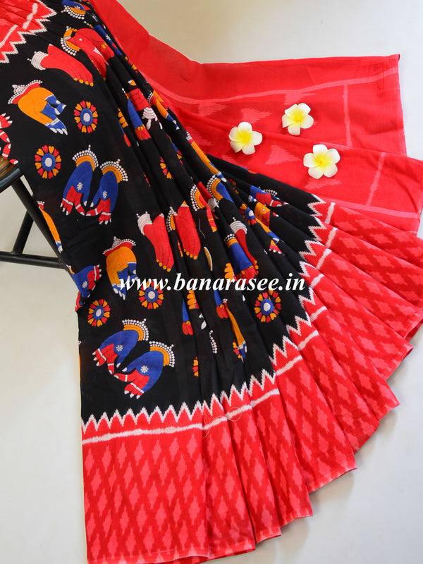 Handloom Mul Cotton Hand Print Saree-Black & Red