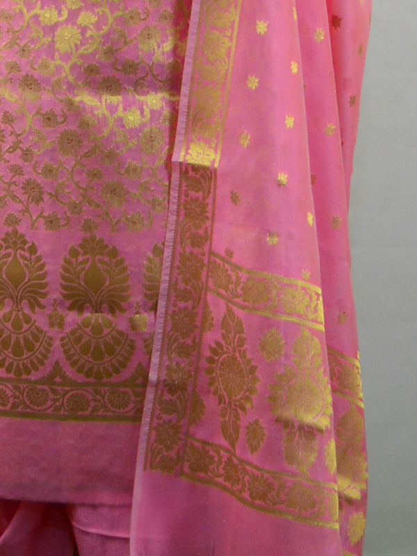 Banarasee Salwar Kameez Cotton Silk Gold Zari Buti Woven Fabric-Pink