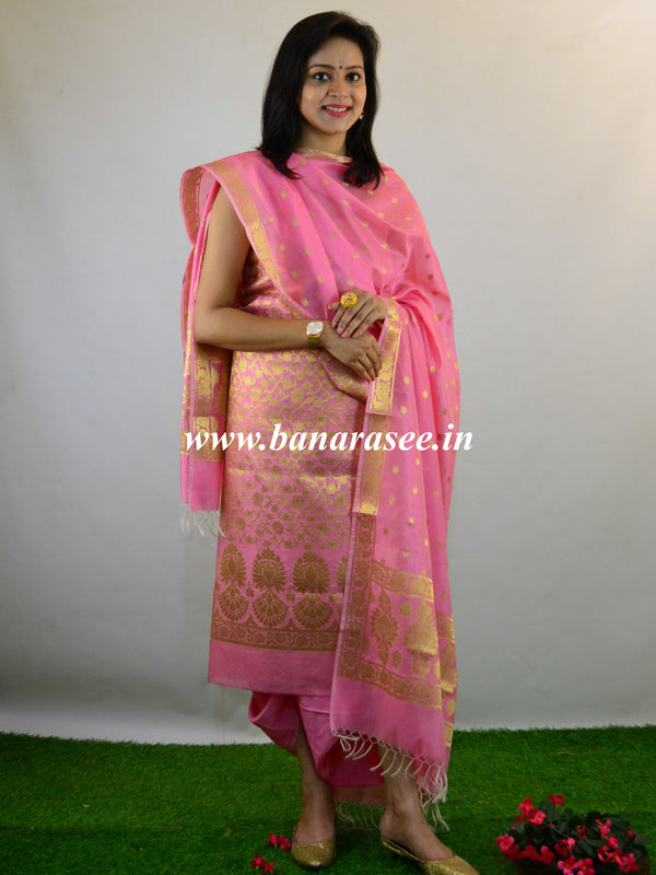 Banarasee Salwar Kameez Cotton Silk Gold Zari Buti Woven Fabric-Pink