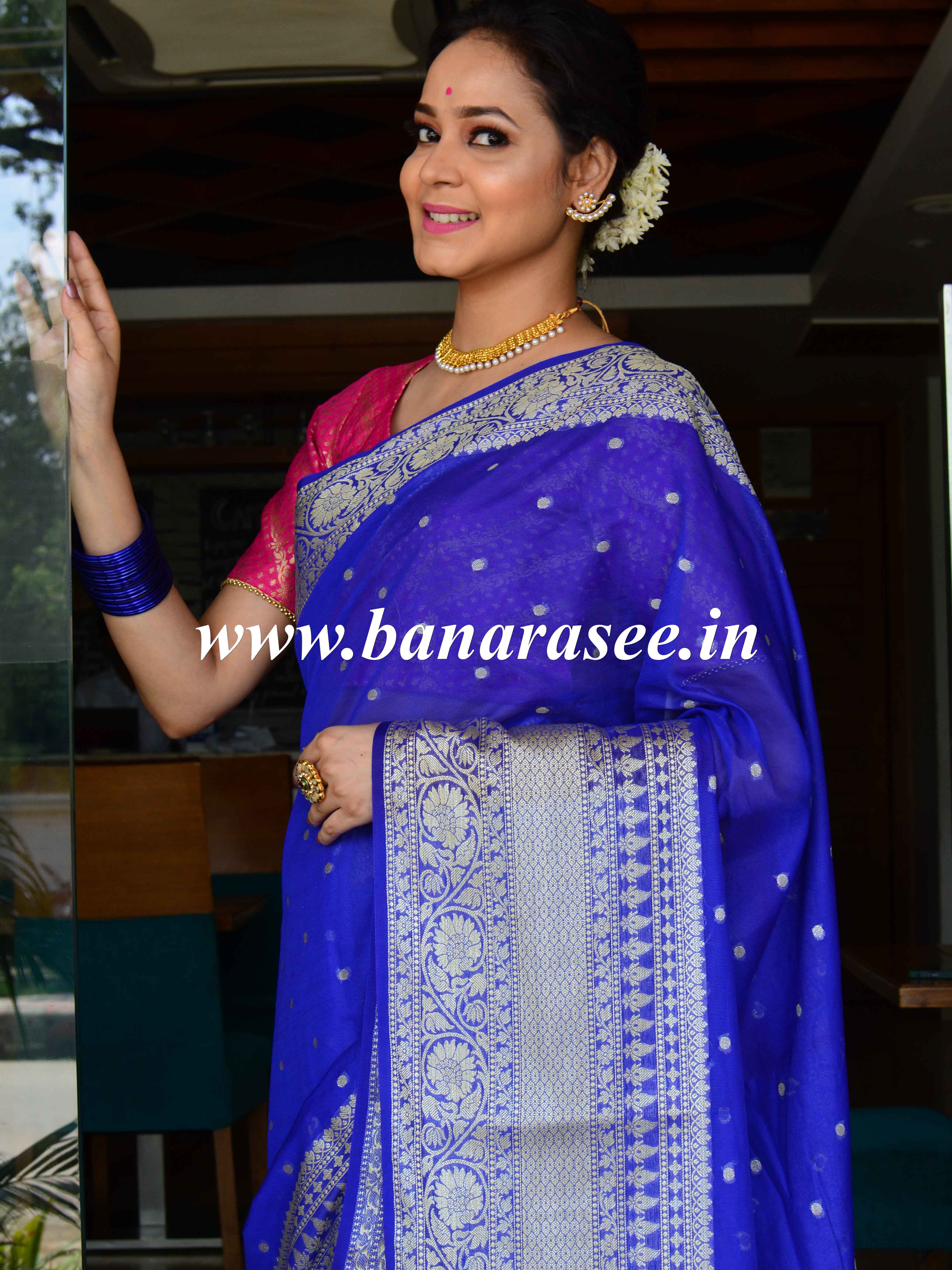 Banarasee Handwoven Semi-Chiffon Saree With Buti Design & Broad Floral Border-Blue