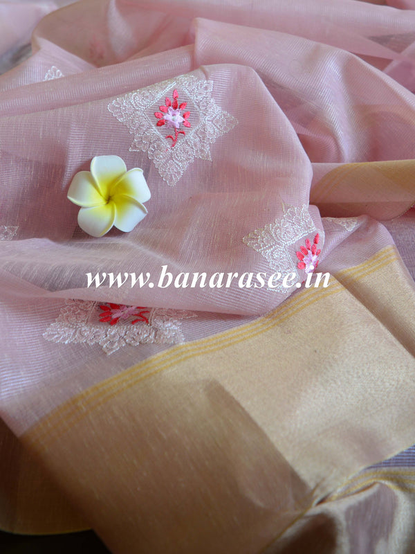 Banarasee Cotton Silk Saree With Embroidered Buta & Zari Border-Pink