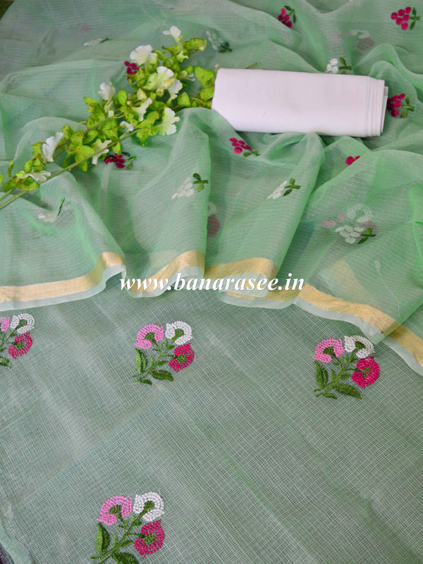 Banarasee Kota Doria Hand-Embroidered Salwar Kameez Dupatta Set-Green