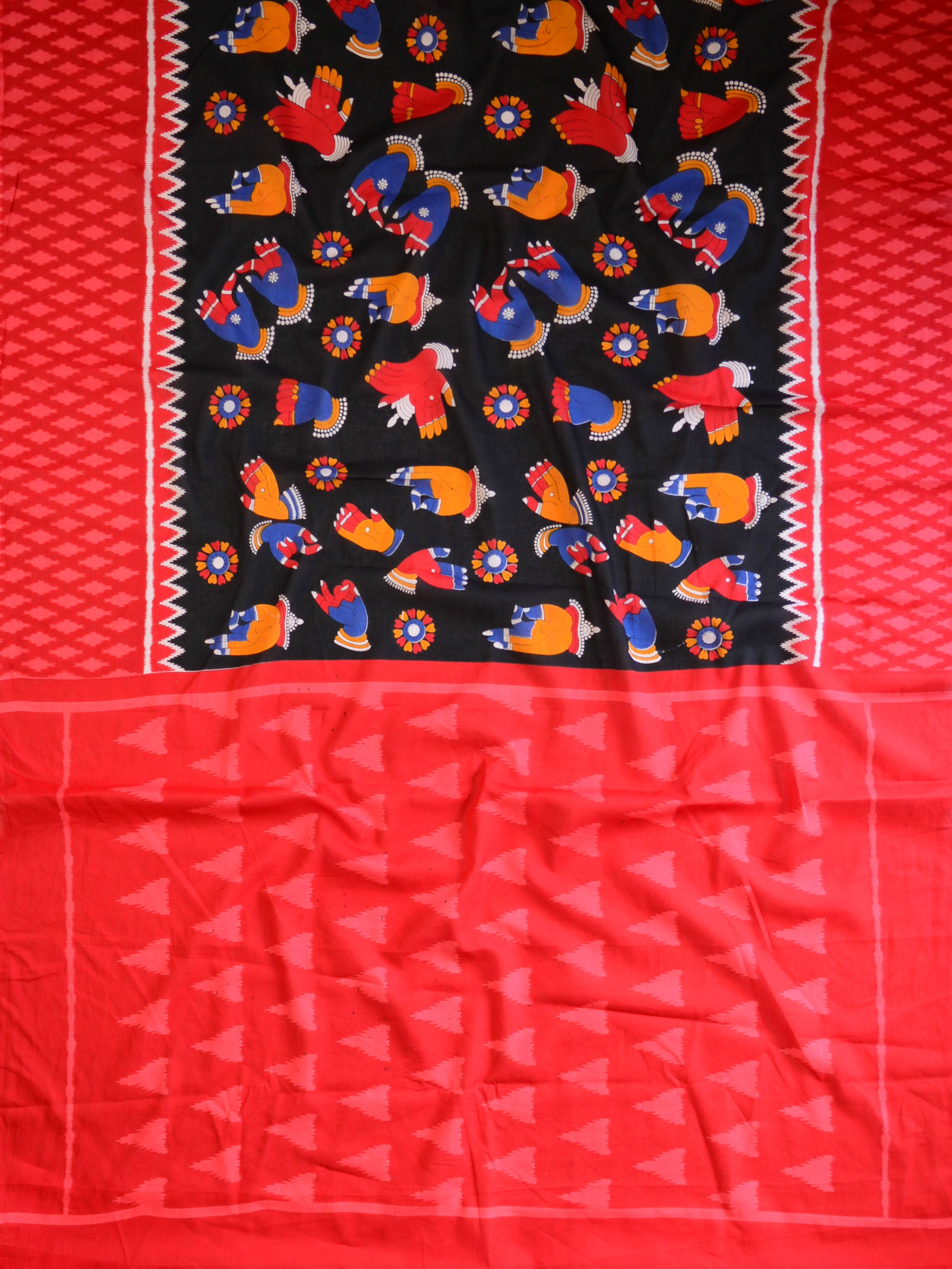 Handloom Mul Cotton Hand Print Saree-Black & Red