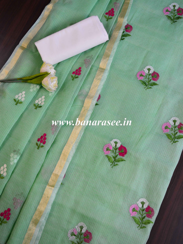 Banarasee Kota Doria Hand-Embroidered Salwar Kameez Dupatta Set-Green