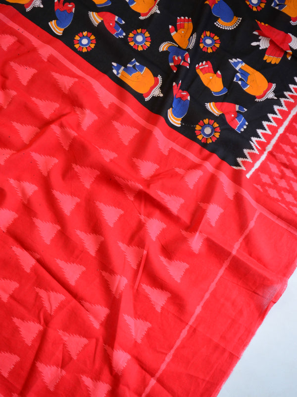 Handloom Mul Cotton Hand Print Saree-Black & Red