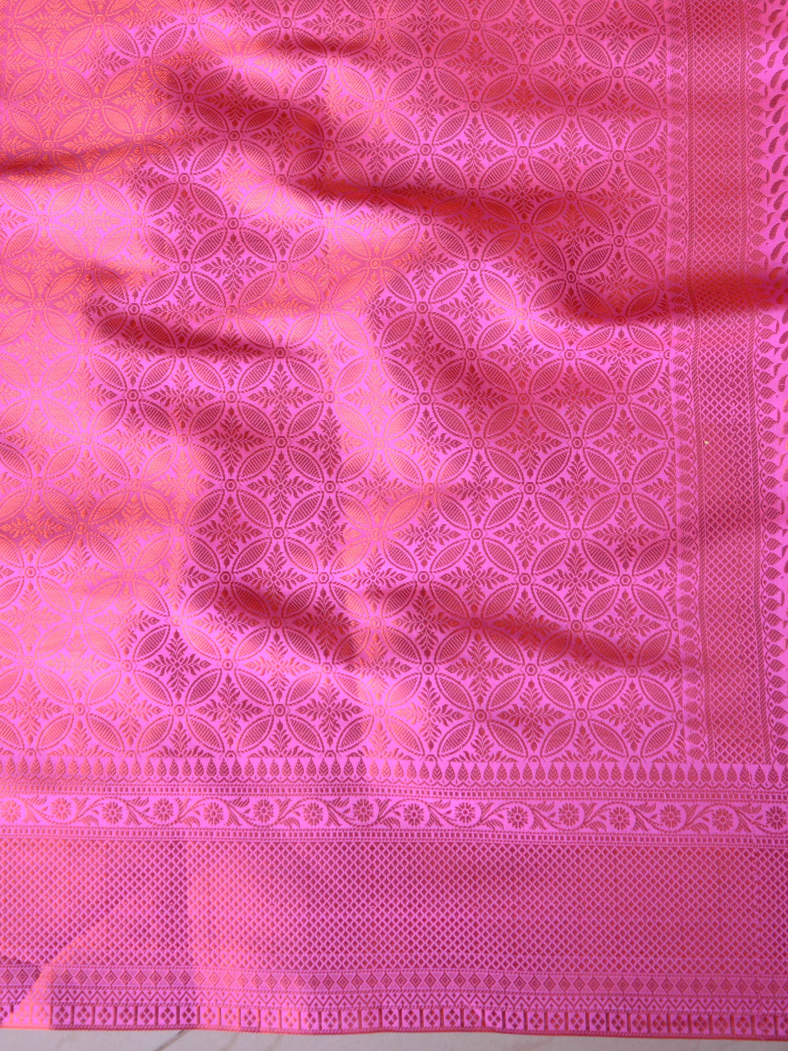 Banarasee Handwoven Semi Silk Saree With Copper Zari Buti Design-Pink