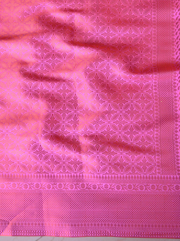 Banarasee Handwoven Semi Silk Saree With Copper Zari Buti Design-Pink