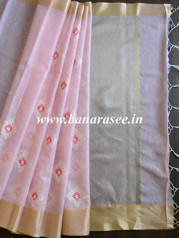 Banarasee Cotton Silk Saree With Embroidered Buta & Zari Border-Pink