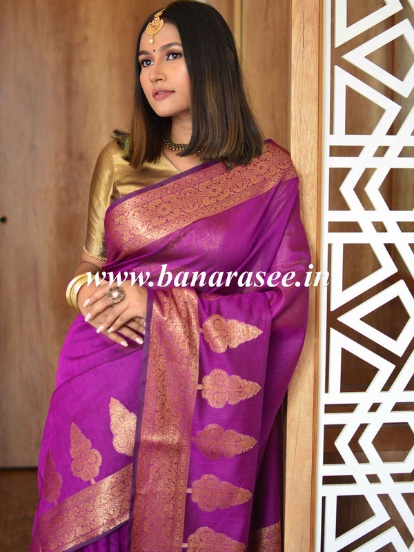 Banarasee Handwoven Pure Silk Cotton Saree With Antique Zari Buti & Border-Purple