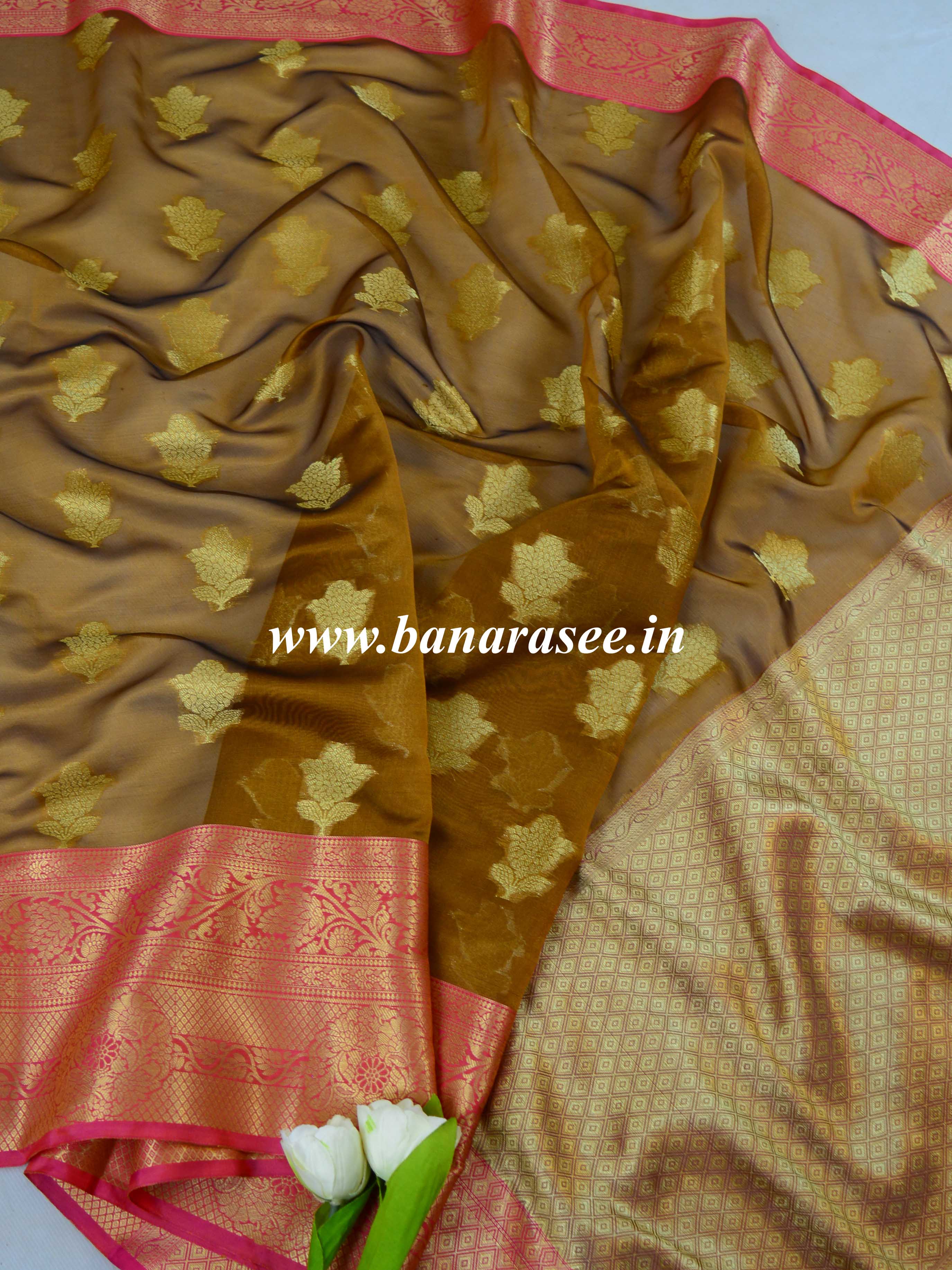 Banarasee Chanderi Cotton Saree With Buta Design & Broad Satin Border-Brown