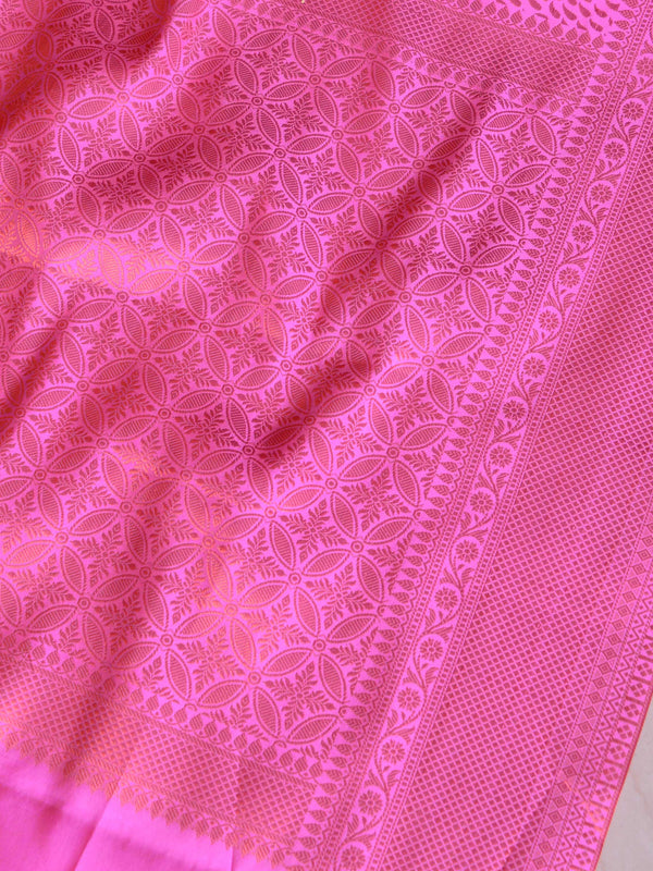 Banarasee Handwoven Semi Silk Saree With Copper Zari Buti Design-Pink