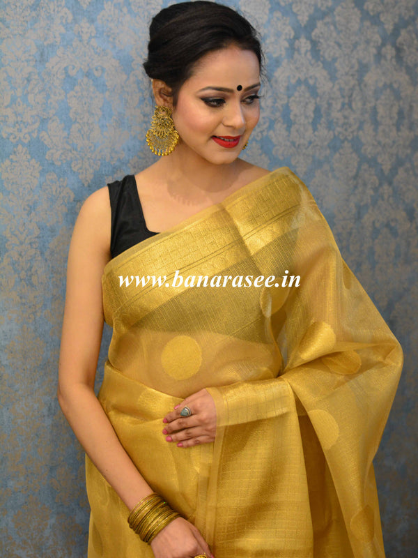 Banarasee Handwoven Broad Border Polka Dot Tissue Saree-Gold