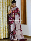 Handwoven Semi Silk Saree With Jaal Design & Silver Zari Border-Maroon