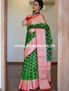 Banarasee Handwoven Semi-Chiffon Saree With Zari Jaal Work & Floral Border-Green