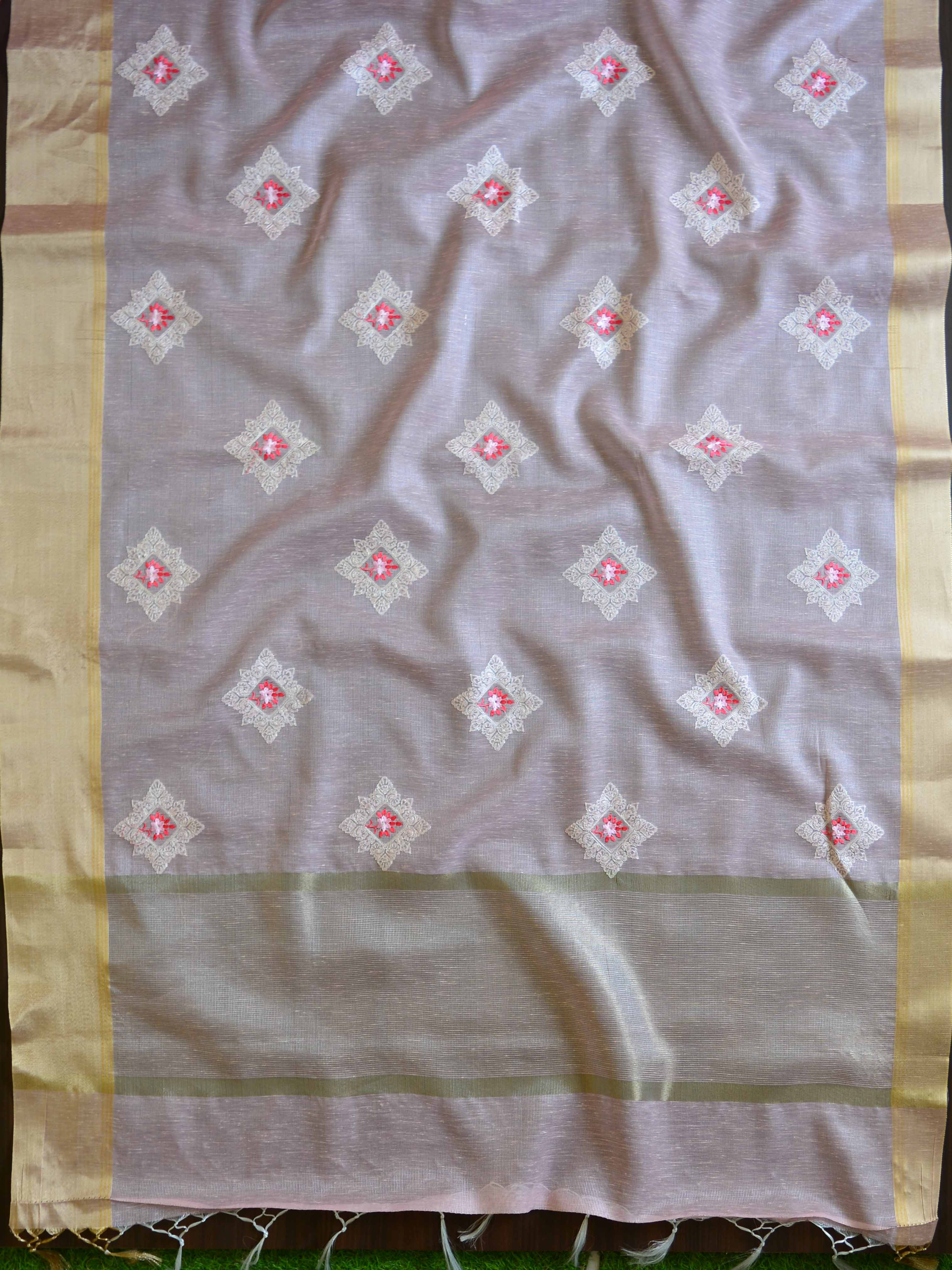 Banarasee Cotton Silk Saree With Embroidered Buta & Zari Border-Pink
