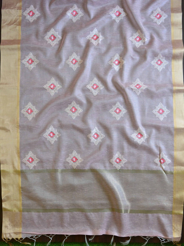 Banarasee Cotton Silk Saree With Embroidered Buta & Zari Border-Pink
