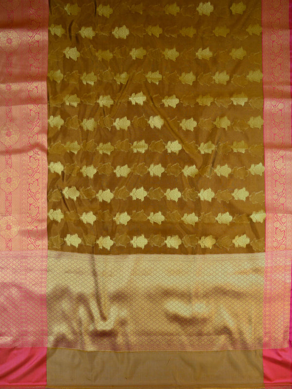 Banarasee Chanderi Cotton Saree With Buta Design & Broad Satin Border-Brown