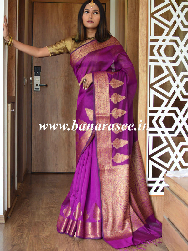 Banarasee Handwoven Pure Silk Cotton Saree With Antique Zari Buti & Border-Purple