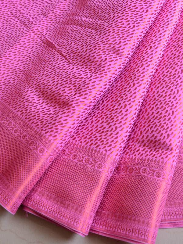 Banarasee Handwoven Semi Silk Saree With Copper Zari Buti Design-Pink