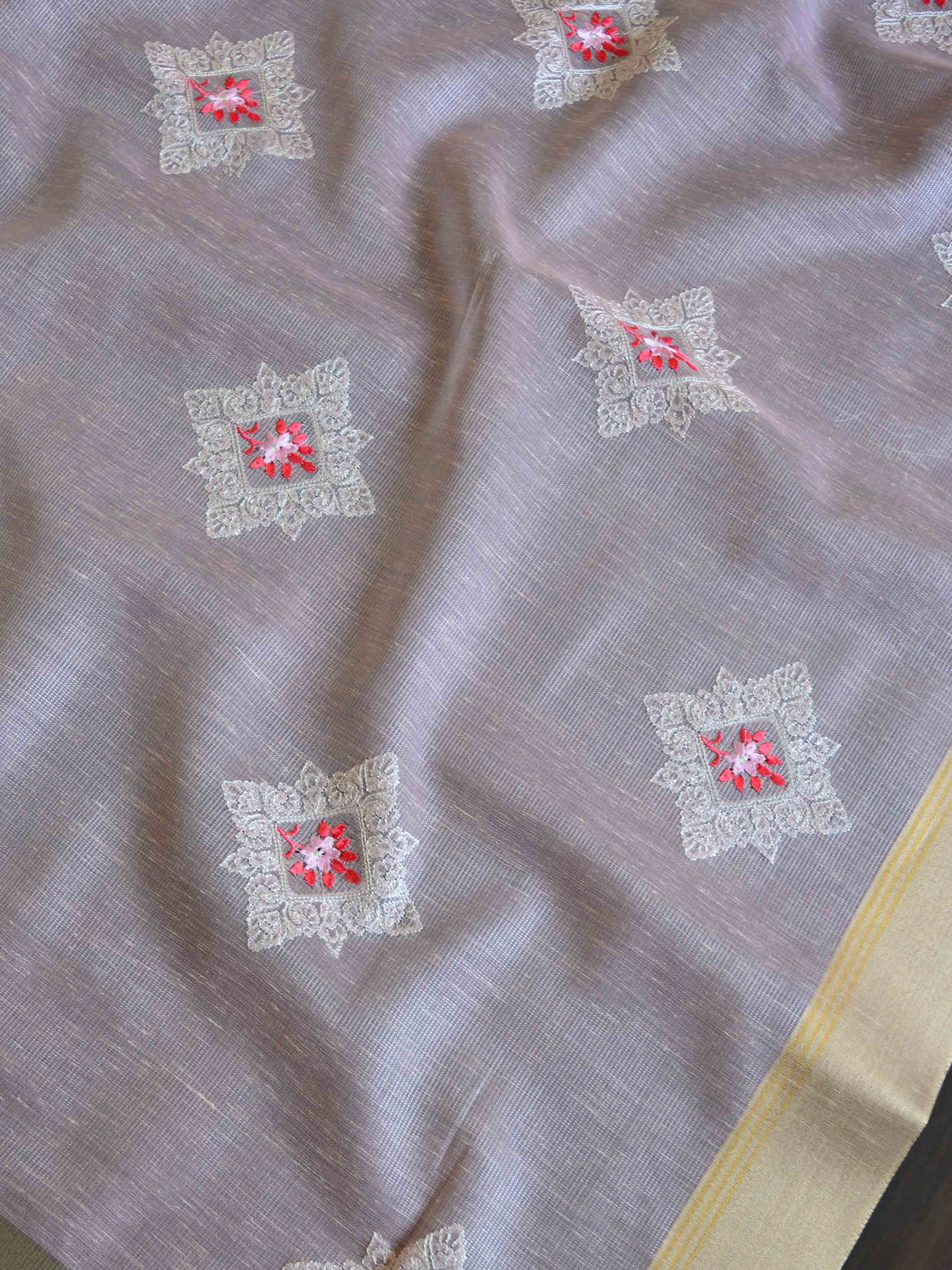 Banarasee Cotton Silk Saree With Embroidered Buta & Zari Border-Pink