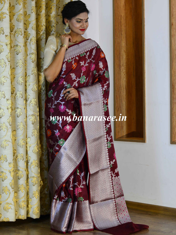 Handwoven Semi Silk Saree With Jaal Design & Silver Zari Border-Maroon