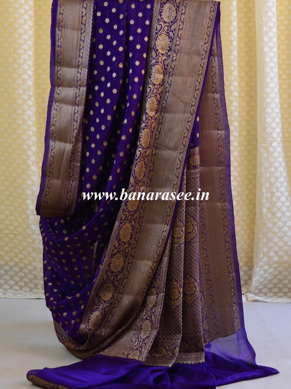 Banarasee Chiffon Floral Zari Buti & Border Saree-Deep Blue