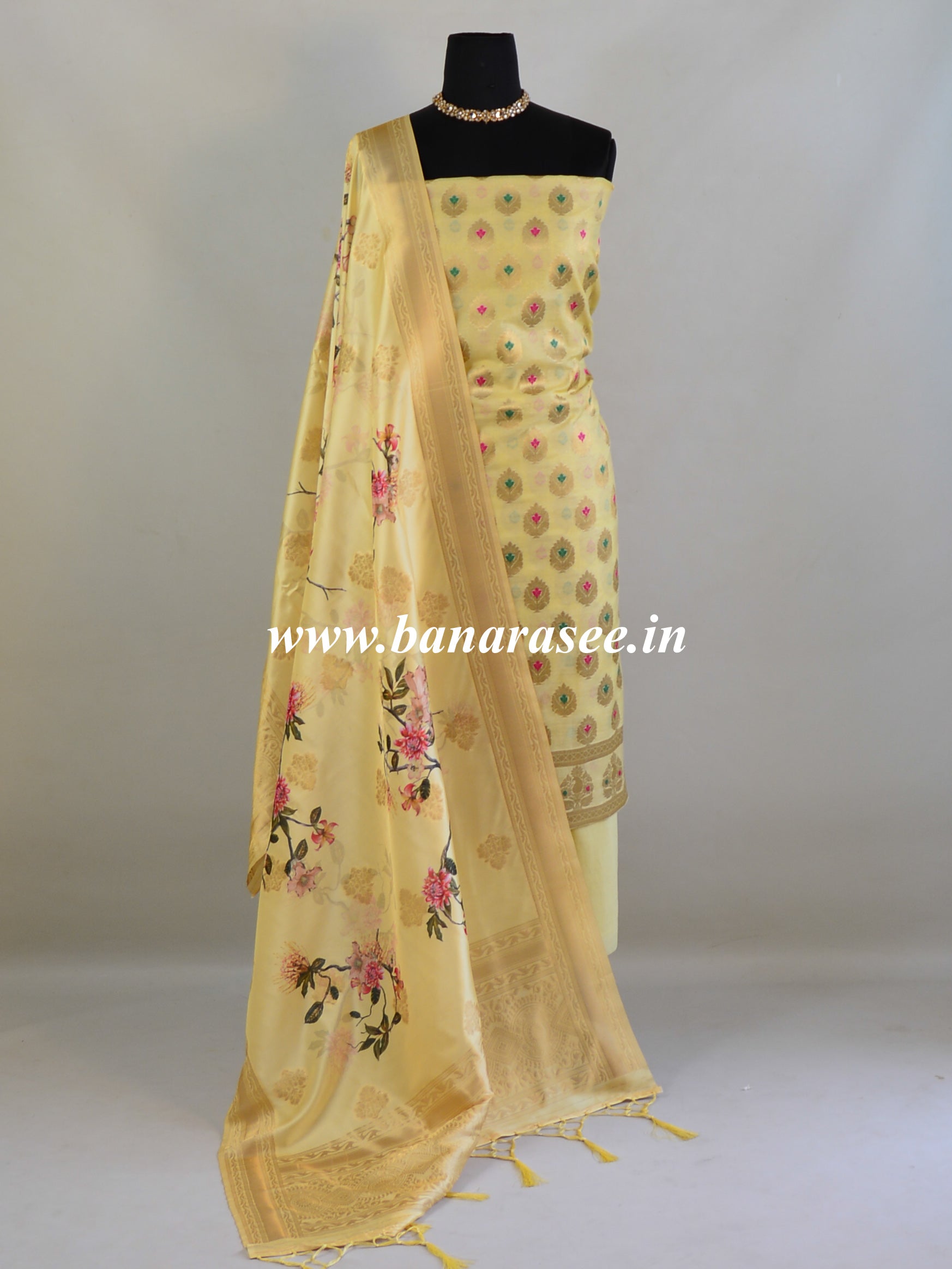 Banarasee Handloom Chanderi Cotton Salwar Kameez With Digital Print Dupatta-Yellow