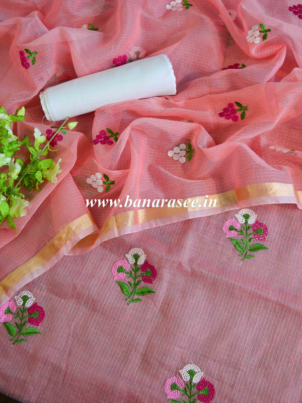 Banarasee Kota Doria Hand-Embroidered Salwar Kameez Dupatta Set-Pink