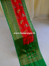 Banarasee Handwoven Semi Silk Saree With Antique Zari Buta Design-Red & Green
