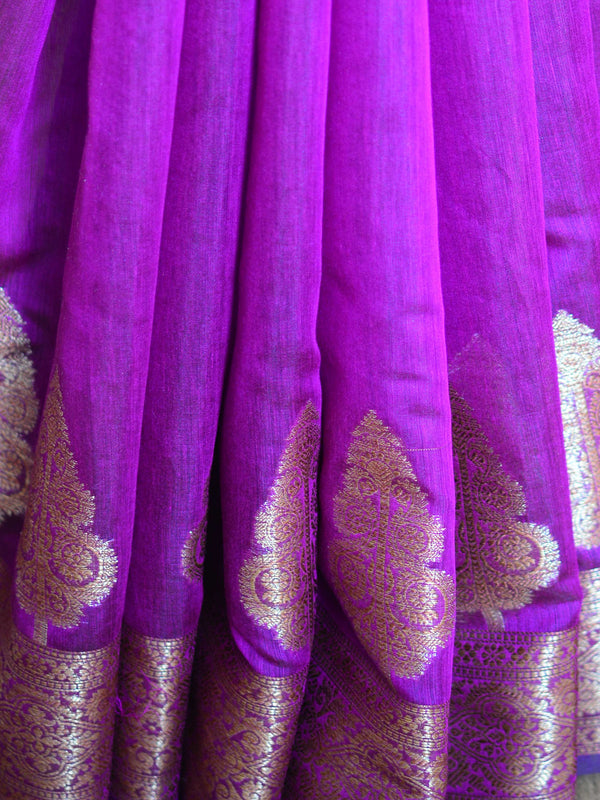 Banarasee Handwoven Pure Silk Cotton Saree With Antique Zari Buti & Border-Purple