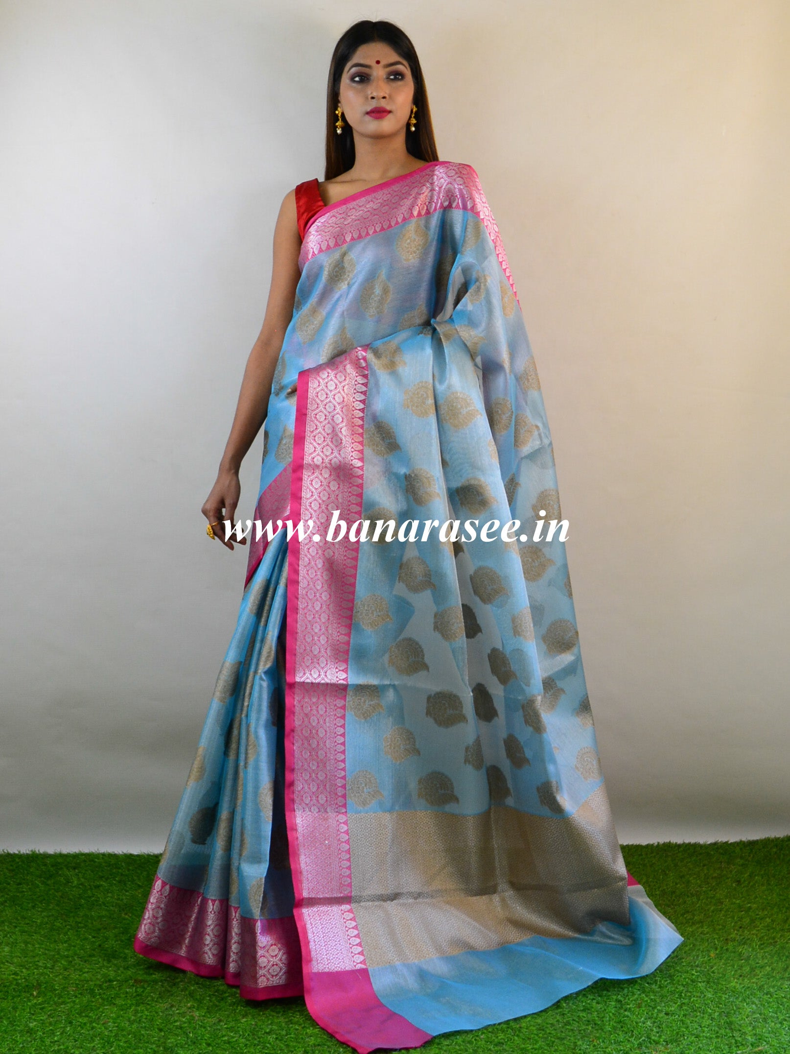 Banarasee Tissue Saree With Antique Zari Design-Blue