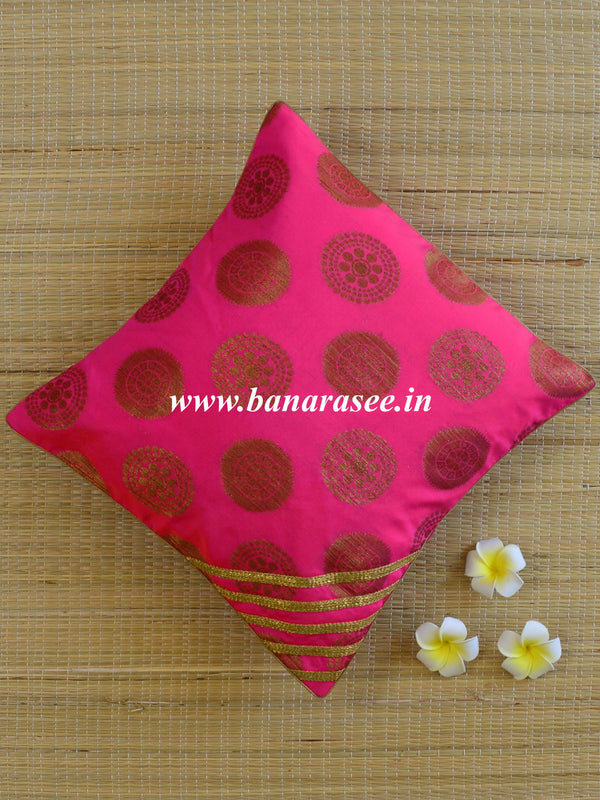 Banarasee Brocade Silk Cushion Cover-Bright Pink